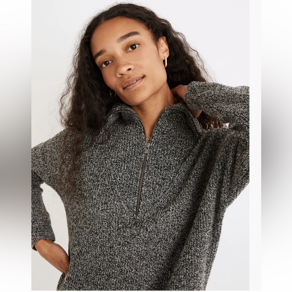 Madewell Ribbed Half-Zip Sweater Dress Collar Marled Black Gray Wool Blend XS - Picture 4 of 9